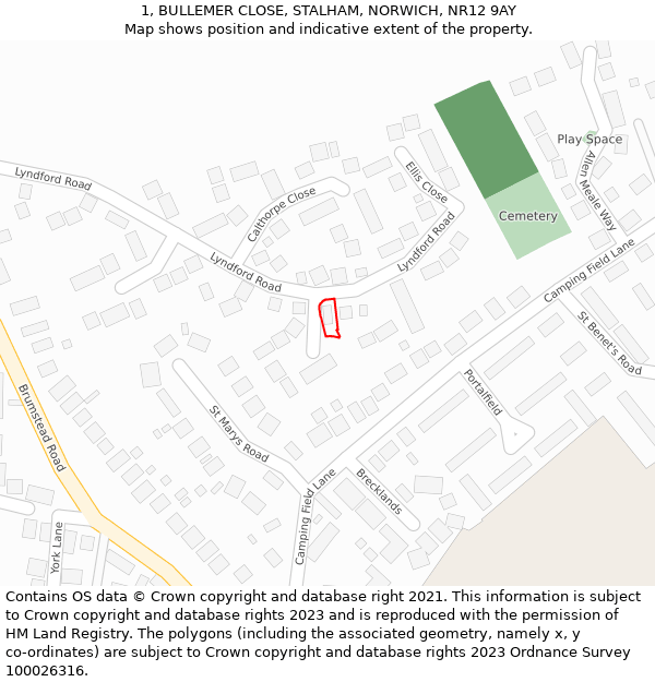 1, BULLEMER CLOSE, STALHAM, NORWICH, NR12 9AY: Location map and indicative extent of plot