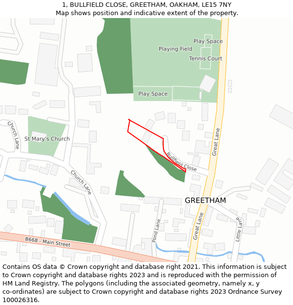 1, BULLFIELD CLOSE, GREETHAM, OAKHAM, LE15 7NY: Location map and indicative extent of plot