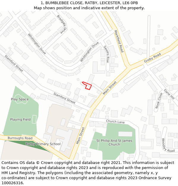 1, BUMBLEBEE CLOSE, RATBY, LEICESTER, LE6 0PB: Location map and indicative extent of plot