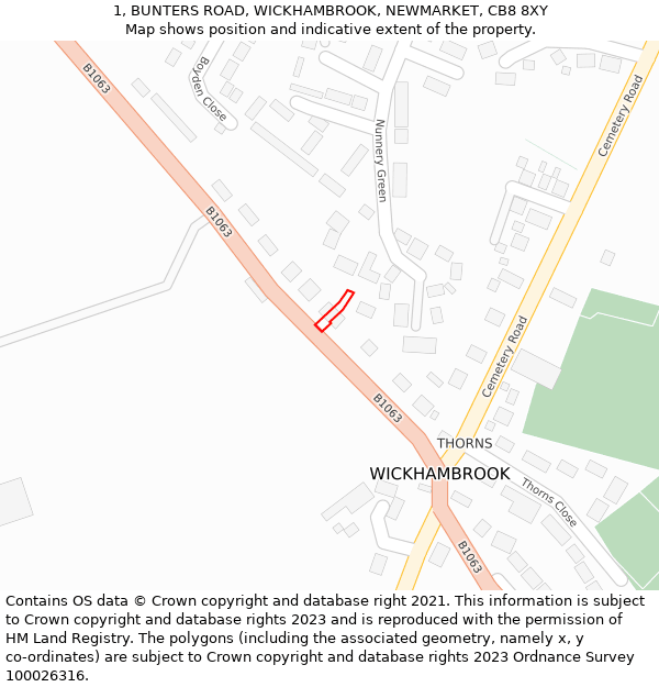 1, BUNTERS ROAD, WICKHAMBROOK, NEWMARKET, CB8 8XY: Location map and indicative extent of plot