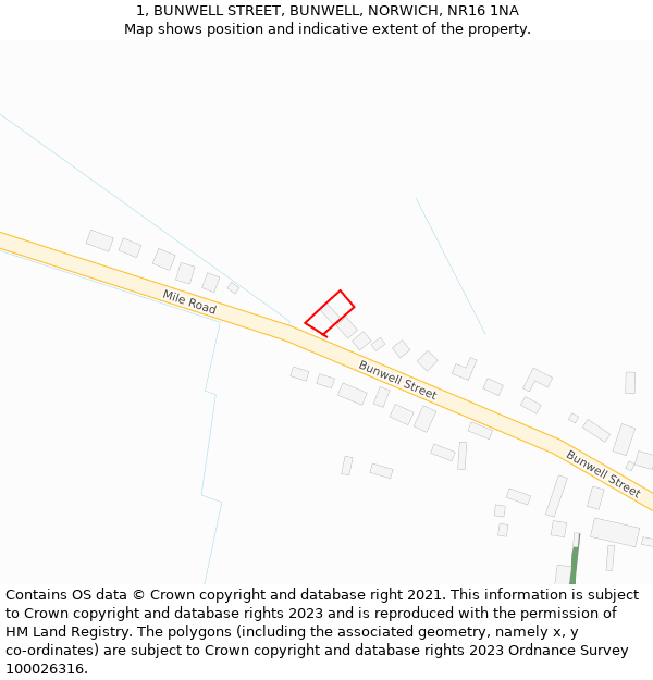 1, BUNWELL STREET, BUNWELL, NORWICH, NR16 1NA: Location map and indicative extent of plot