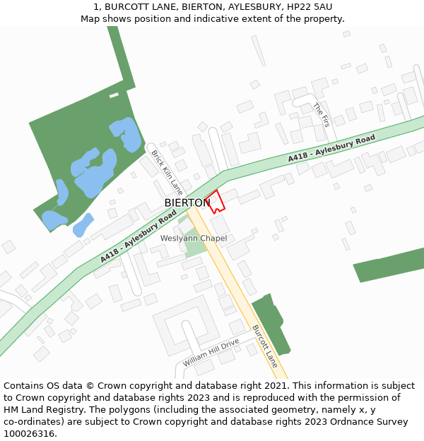 1, BURCOTT LANE, BIERTON, AYLESBURY, HP22 5AU: Location map and indicative extent of plot