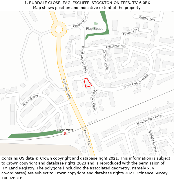 1, BURDALE CLOSE, EAGLESCLIFFE, STOCKTON-ON-TEES, TS16 0RX: Location map and indicative extent of plot