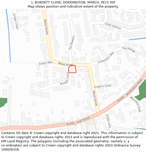 1, BURDETT CLOSE, DODDINGTON, MARCH, PE15 0SF: Location map and indicative extent of plot