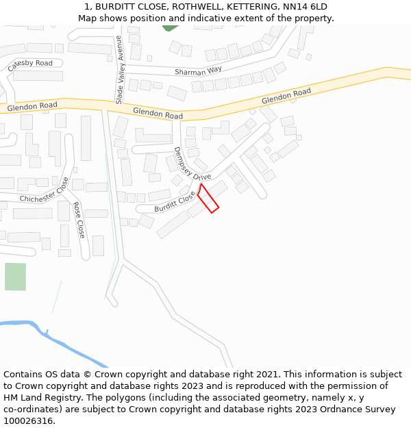 1, BURDITT CLOSE, ROTHWELL, KETTERING, NN14 6LD: Location map and indicative extent of plot