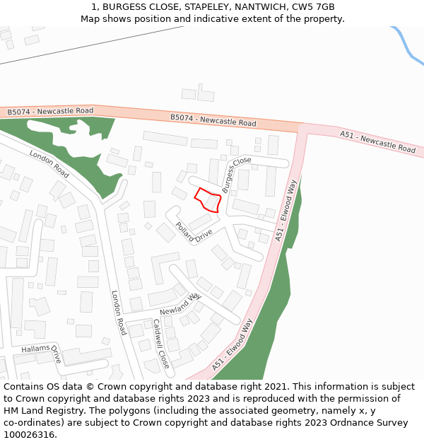 1, BURGESS CLOSE, STAPELEY, NANTWICH, CW5 7GB: Location map and indicative extent of plot