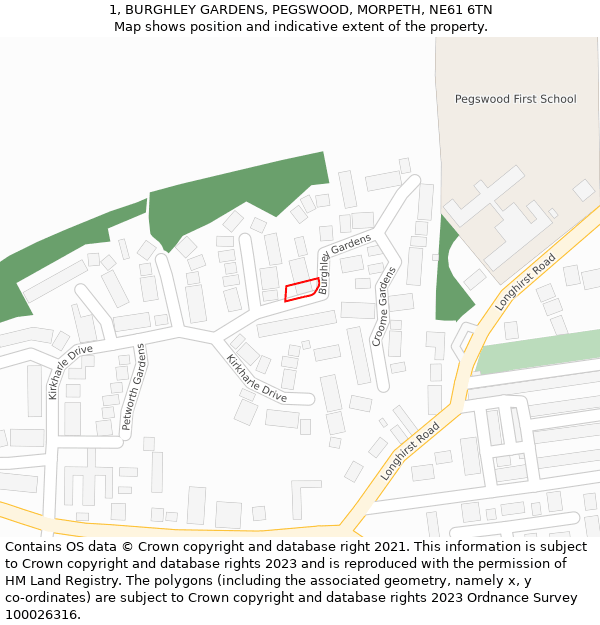 1, BURGHLEY GARDENS, PEGSWOOD, MORPETH, NE61 6TN: Location map and indicative extent of plot