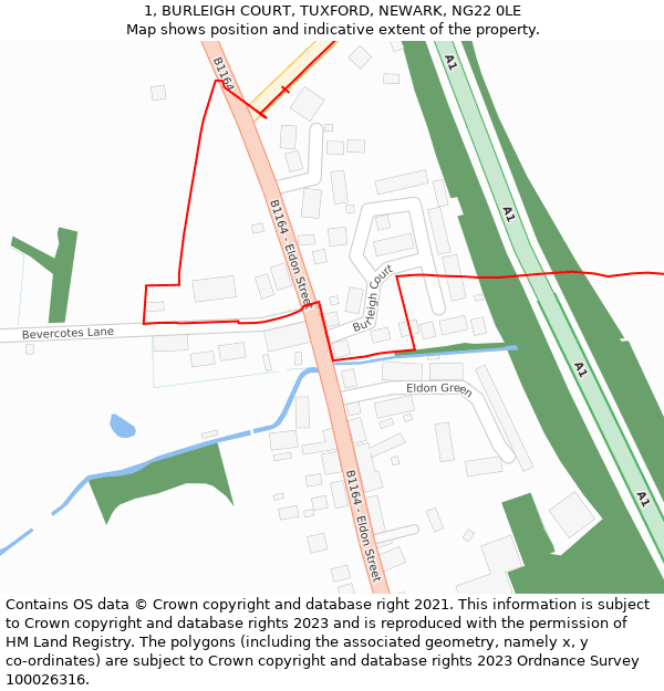 1, BURLEIGH COURT, TUXFORD, NEWARK, NG22 0LE: Location map and indicative extent of plot