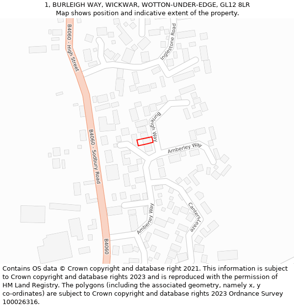 1, BURLEIGH WAY, WICKWAR, WOTTON-UNDER-EDGE, GL12 8LR: Location map and indicative extent of plot
