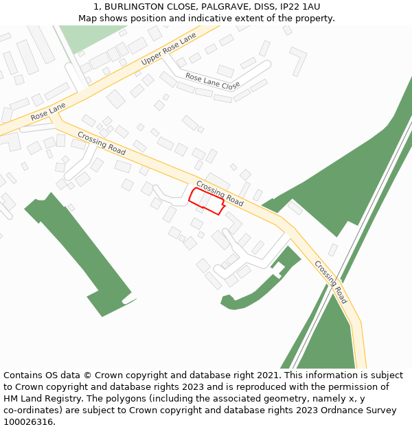 1, BURLINGTON CLOSE, PALGRAVE, DISS, IP22 1AU: Location map and indicative extent of plot