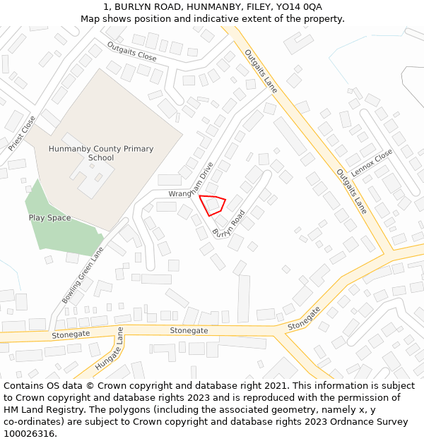 1, BURLYN ROAD, HUNMANBY, FILEY, YO14 0QA: Location map and indicative extent of plot