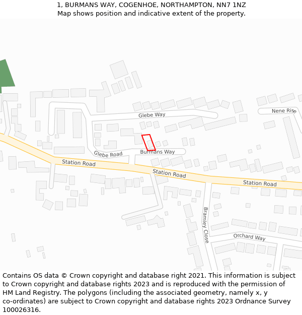 1, BURMANS WAY, COGENHOE, NORTHAMPTON, NN7 1NZ: Location map and indicative extent of plot