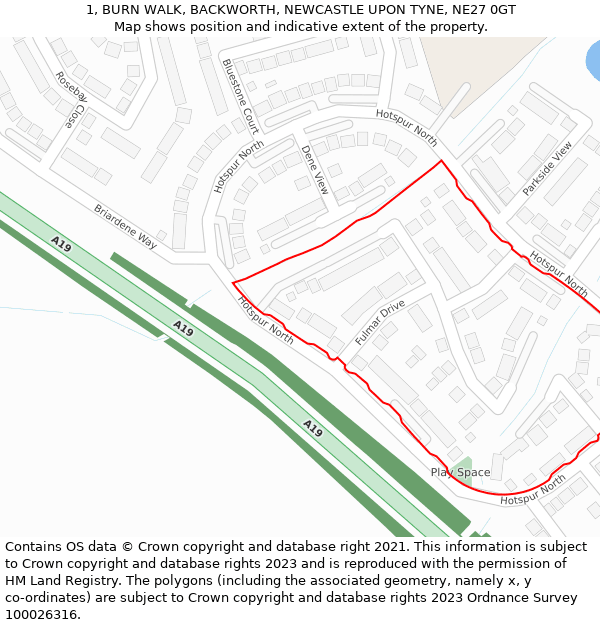 1, BURN WALK, BACKWORTH, NEWCASTLE UPON TYNE, NE27 0GT: Location map and indicative extent of plot