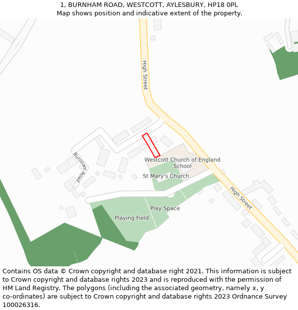 1, BURNHAM ROAD, WESTCOTT, AYLESBURY, HP18 0PL: Location map and indicative extent of plot