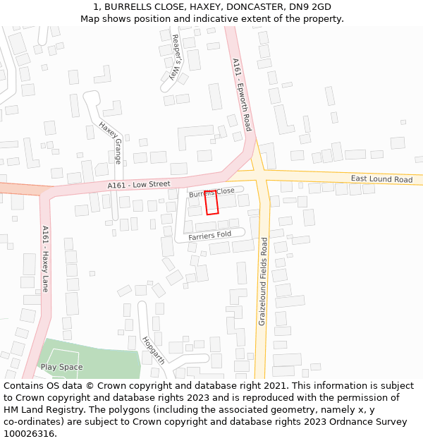 1, BURRELLS CLOSE, HAXEY, DONCASTER, DN9 2GD: Location map and indicative extent of plot