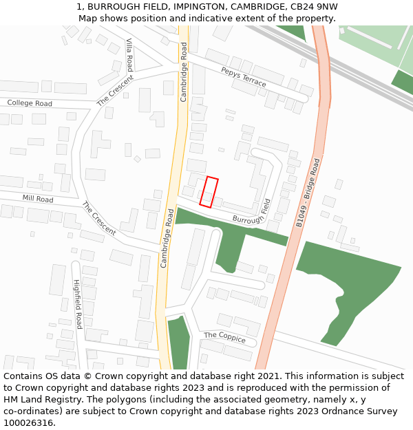 1, BURROUGH FIELD, IMPINGTON, CAMBRIDGE, CB24 9NW: Location map and indicative extent of plot