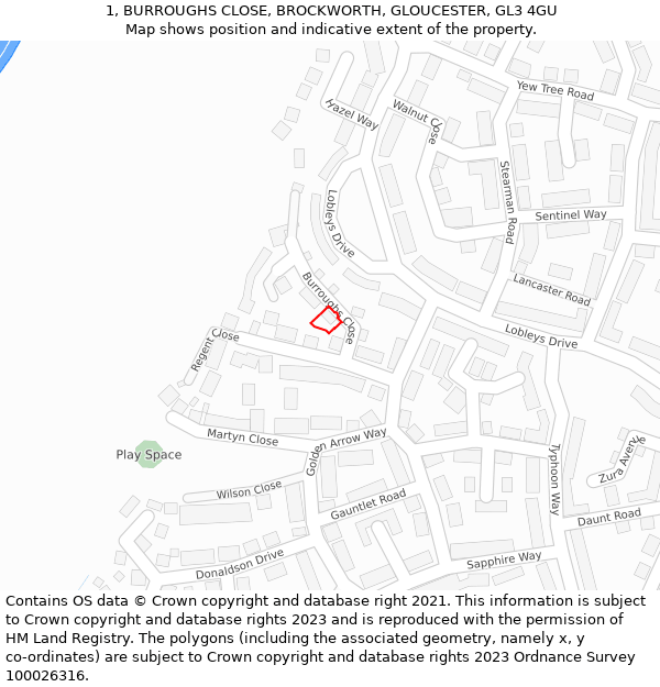 1, BURROUGHS CLOSE, BROCKWORTH, GLOUCESTER, GL3 4GU: Location map and indicative extent of plot