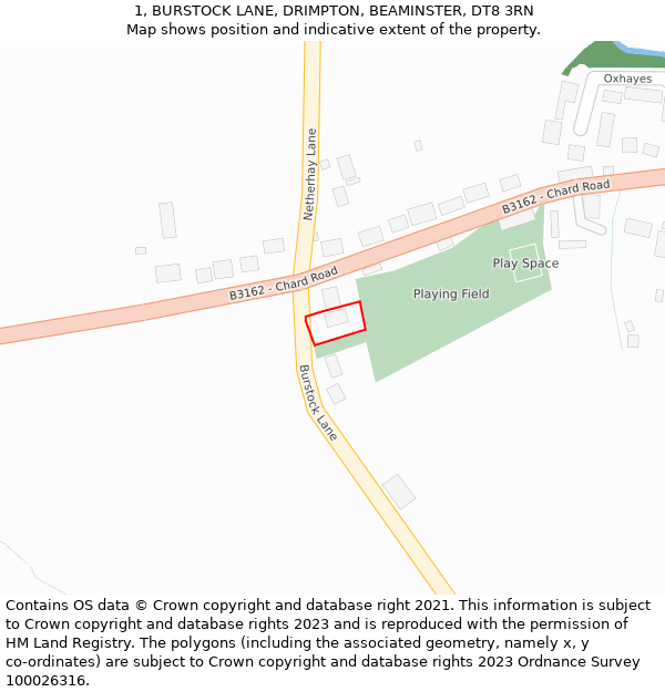 1, BURSTOCK LANE, DRIMPTON, BEAMINSTER, DT8 3RN: Location map and indicative extent of plot