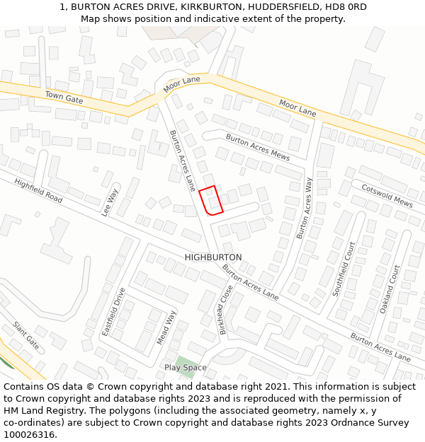 1, BURTON ACRES DRIVE, KIRKBURTON, HUDDERSFIELD, HD8 0RD: Location map and indicative extent of plot