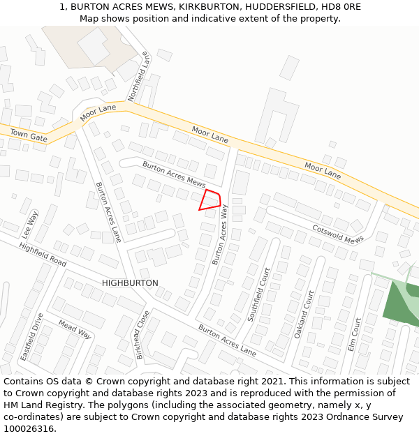 1, BURTON ACRES MEWS, KIRKBURTON, HUDDERSFIELD, HD8 0RE: Location map and indicative extent of plot