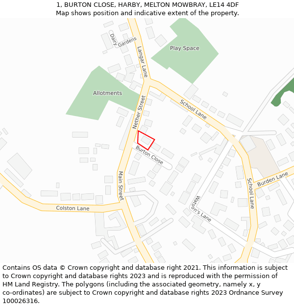 1, BURTON CLOSE, HARBY, MELTON MOWBRAY, LE14 4DF: Location map and indicative extent of plot