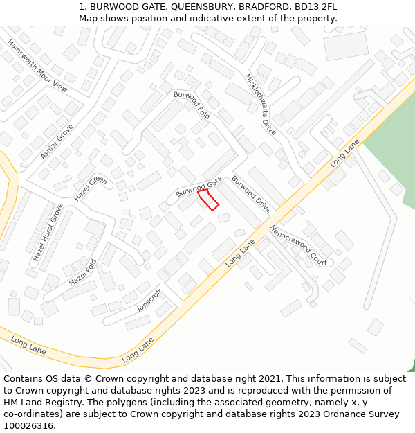 1, BURWOOD GATE, QUEENSBURY, BRADFORD, BD13 2FL: Location map and indicative extent of plot