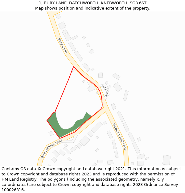 1, BURY LANE, DATCHWORTH, KNEBWORTH, SG3 6ST: Location map and indicative extent of plot