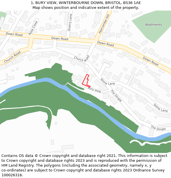 1, BURY VIEW, WINTERBOURNE DOWN, BRISTOL, BS36 1AE: Location map and indicative extent of plot