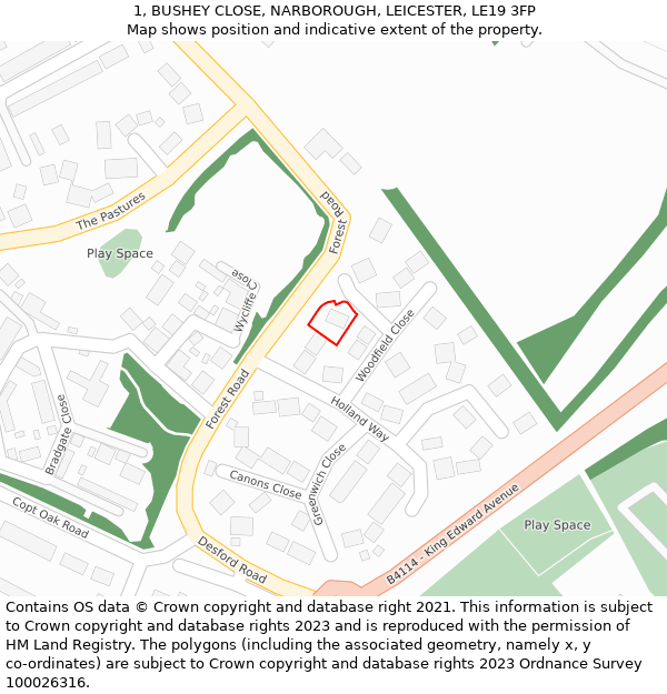 1, BUSHEY CLOSE, NARBOROUGH, LEICESTER, LE19 3FP: Location map and indicative extent of plot