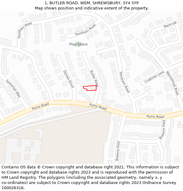 1, BUTLER ROAD, WEM, SHREWSBURY, SY4 5YP: Location map and indicative extent of plot