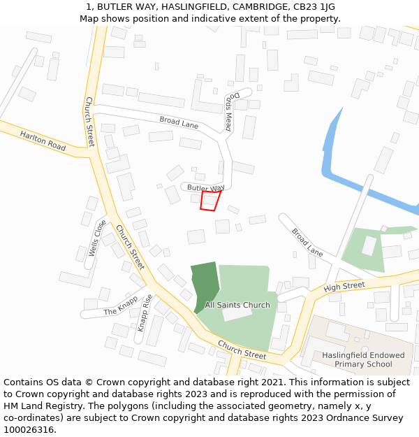 1, BUTLER WAY, HASLINGFIELD, CAMBRIDGE, CB23 1JG: Location map and indicative extent of plot