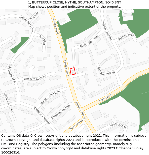 1, BUTTERCUP CLOSE, HYTHE, SOUTHAMPTON, SO45 3NT: Location map and indicative extent of plot