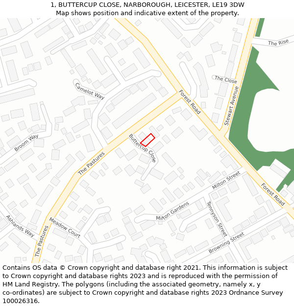 1, BUTTERCUP CLOSE, NARBOROUGH, LEICESTER, LE19 3DW: Location map and indicative extent of plot
