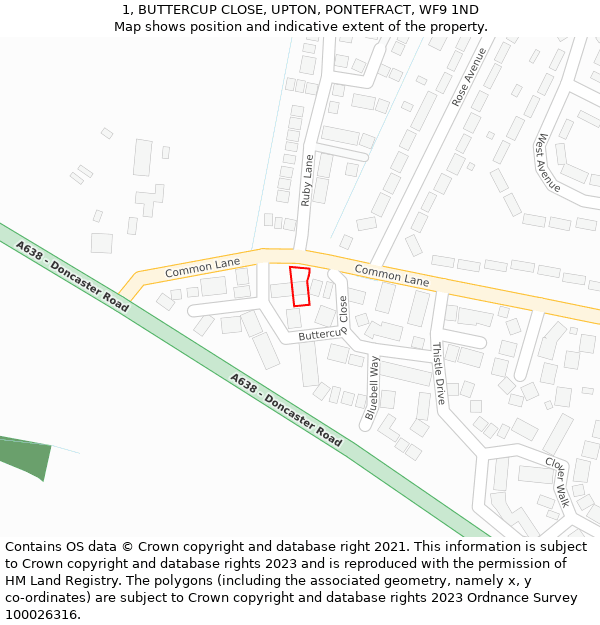 1, BUTTERCUP CLOSE, UPTON, PONTEFRACT, WF9 1ND: Location map and indicative extent of plot