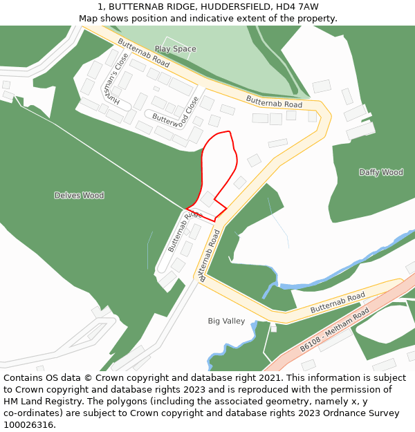 1, BUTTERNAB RIDGE, HUDDERSFIELD, HD4 7AW: Location map and indicative extent of plot