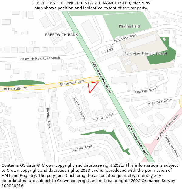 1, BUTTERSTILE LANE, PRESTWICH, MANCHESTER, M25 9PW: Location map and indicative extent of plot