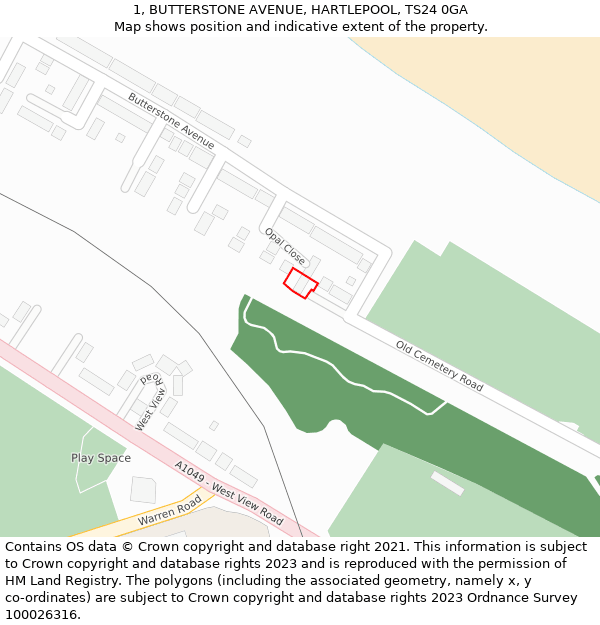 1, BUTTERSTONE AVENUE, HARTLEPOOL, TS24 0GA: Location map and indicative extent of plot