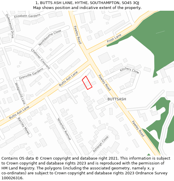 1, BUTTS ASH LANE, HYTHE, SOUTHAMPTON, SO45 3QJ: Location map and indicative extent of plot