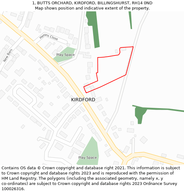 1, BUTTS ORCHARD, KIRDFORD, BILLINGSHURST, RH14 0ND: Location map and indicative extent of plot