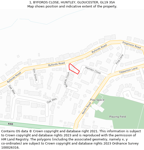 1, BYFORDS CLOSE, HUNTLEY, GLOUCESTER, GL19 3SA: Location map and indicative extent of plot