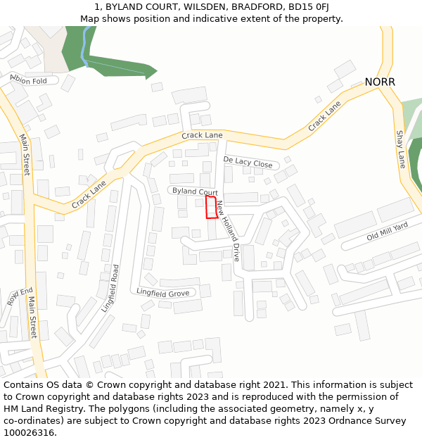 1, BYLAND COURT, WILSDEN, BRADFORD, BD15 0FJ: Location map and indicative extent of plot