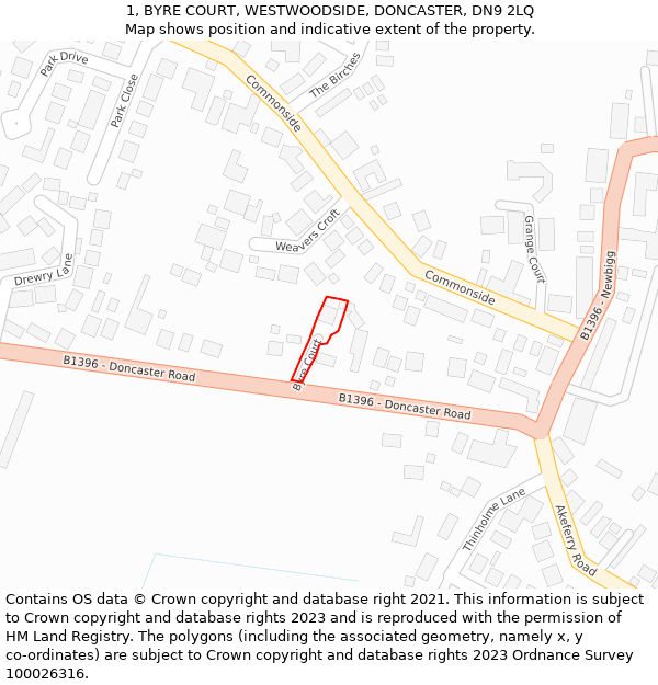 1, BYRE COURT, WESTWOODSIDE, DONCASTER, DN9 2LQ: Location map and indicative extent of plot