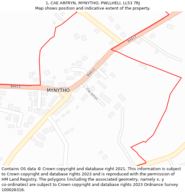 1, CAE ARFRYN, MYNYTHO, PWLLHELI, LL53 7RJ: Location map and indicative extent of plot