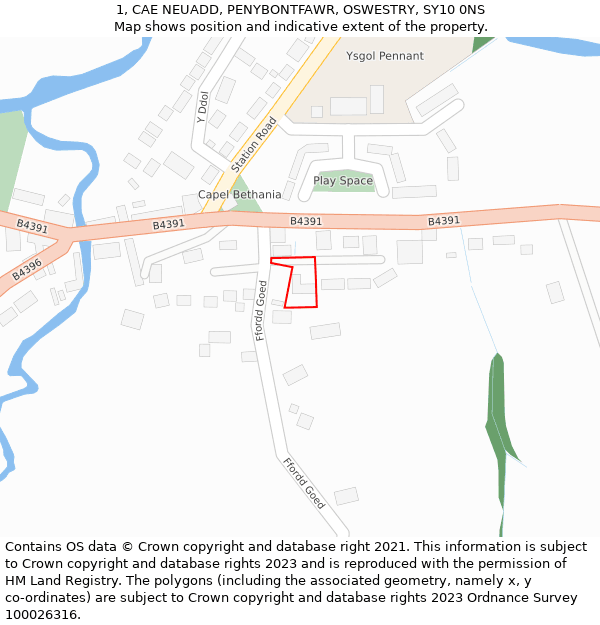 1, CAE NEUADD, PENYBONTFAWR, OSWESTRY, SY10 0NS: Location map and indicative extent of plot