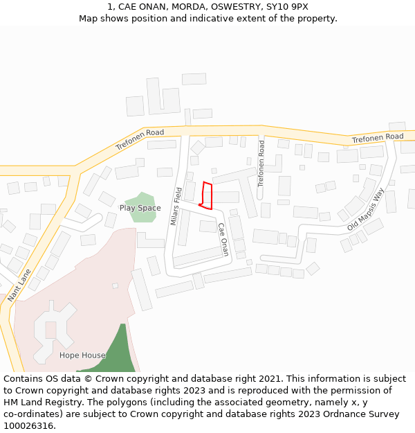 1, CAE ONAN, MORDA, OSWESTRY, SY10 9PX: Location map and indicative extent of plot
