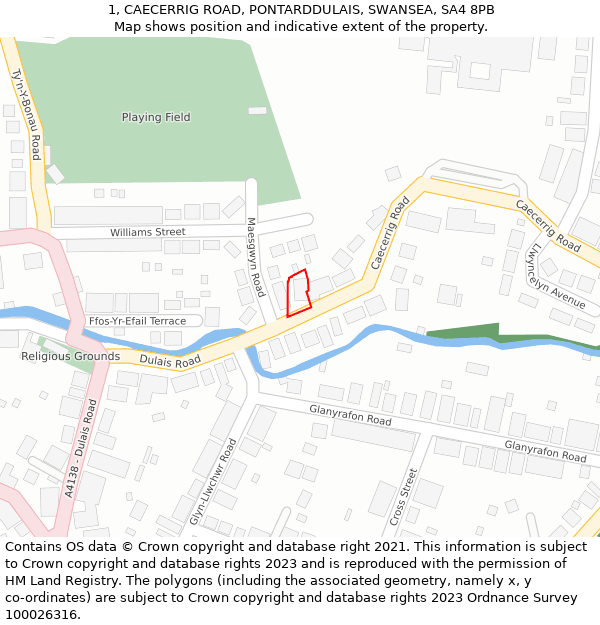 1, CAECERRIG ROAD, PONTARDDULAIS, SWANSEA, SA4 8PB: Location map and indicative extent of plot