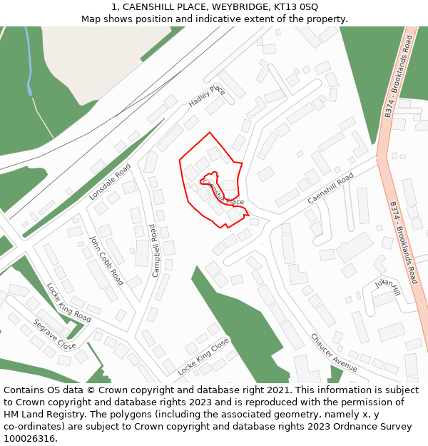 1, CAENSHILL PLACE, WEYBRIDGE, KT13 0SQ: Location map and indicative extent of plot