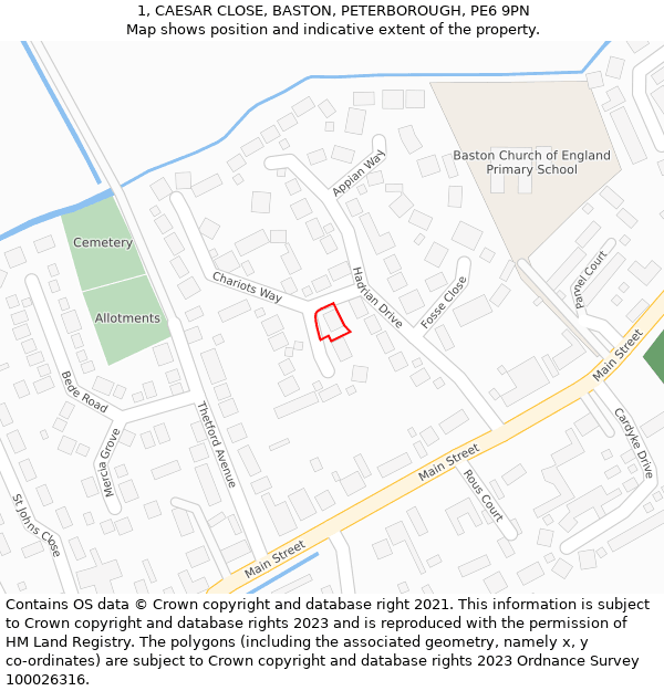 1, CAESAR CLOSE, BASTON, PETERBOROUGH, PE6 9PN: Location map and indicative extent of plot