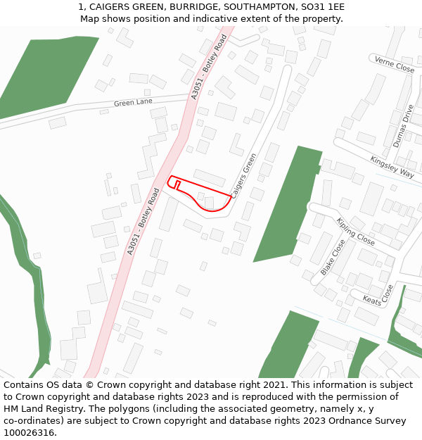 1, CAIGERS GREEN, BURRIDGE, SOUTHAMPTON, SO31 1EE: Location map and indicative extent of plot