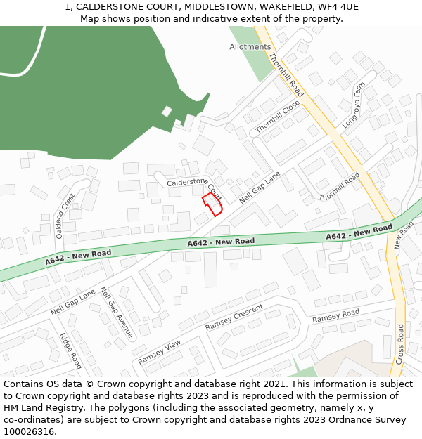 1, CALDERSTONE COURT, MIDDLESTOWN, WAKEFIELD, WF4 4UE: Location map and indicative extent of plot